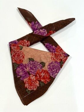 Women Handkerchief Christian Dior Brown Floral Rose Bandana Scarf Cotton 21“